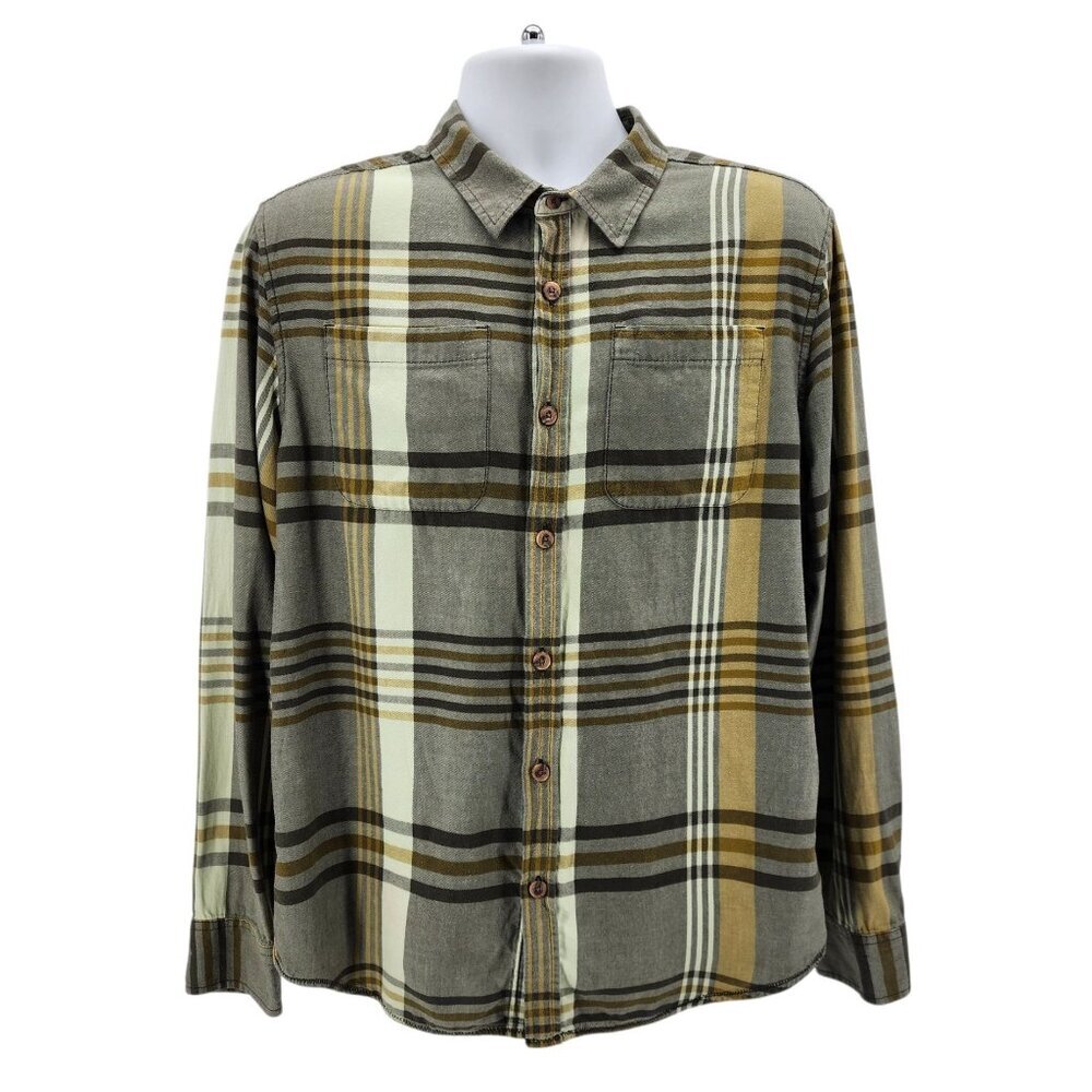 Prana Mens Medium Shirt Delaney Plaid Flannel Green Long Sleeve Button Down